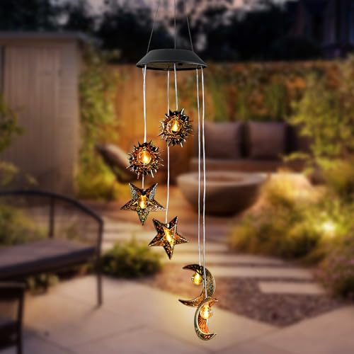 Focenat Solar Windspiel mit Sonne Mond Stern, Solarleuchten LED Windspiele für Draußen, Wasserdicht solarlampen hängend Gartenlampe Außen, für Garten Hof Rasen Wege Balkon Terrasse Party Deko