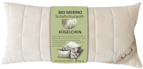 Bio Merino Schafschurwolle Kopfkissen Kissen in 40x80 cm mit 500 Gramm Schurwoll Kügelchen zur individuellen Höhenverstellung und unterstepptem Baumwollbezug - Made in Germany