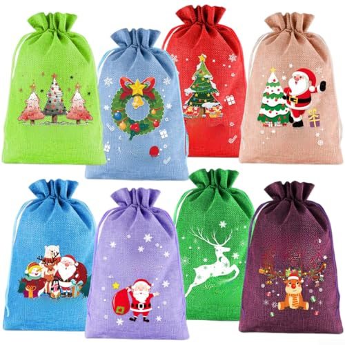 ZiStarlilife Weihnachtliche Jutebeutel mit Kordelzug, 20 x 30 cm, Polyester-Stoff, Geschenkbeutel für Feiertage, Partygeschenke, Kinder, saisonale Feiern (8 Stück - A)
