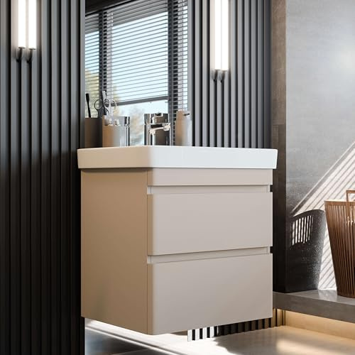 Newroom Waschbeckenunterschrank hängend mit Waschbecken Mokka matt 60 cm | grifflos, 2 Schubladen, Waschtisch mit Unterschrank, Badezimmer Unterschrank, modern minimalistisch, für kleine Bäder