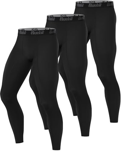 Runhit 3 Pack Mens Compression Tights, Athletic Leggings Cycling Trousers, Quick-Dry Base Layer Pants for Gym Football Yoga Ski, All Black 3XL