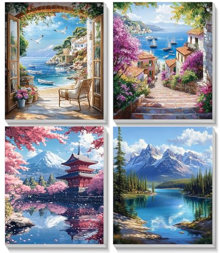 KEYIFA 4 Stück Malen Nach Zahlen Erwachsene mit Rahmen, DIY Meerblick Malen Nach Zahlen Set für Kinder und Anfänger, Handgemalt Ölgemälde Leinwand Acrylic Malerei Bilder, Home Deko 20x20cm