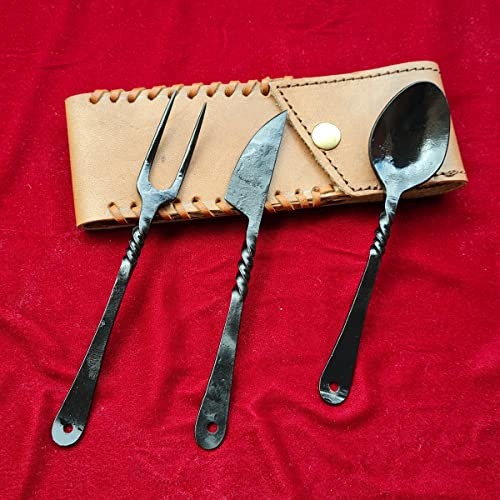 HFTC01x Set de couverts forgés à la main de style médiéval | 3 pièces (couteau, fourchette, cuillère) avec étui en cuir | Coffret cadeau pour cuisine, camping et barbecue