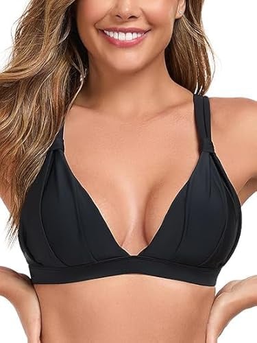 RELLECIGA Haut Bikini Femme Triangle sans Armatures Liens Croisés Bonnets Froncés Noir S