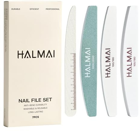 Halmai Lime per Unghie Kit 7 Pezzi Grana 100/180, Lime Unghie Doppia Faccia Riutilizzabili con Lucidante, Spugna e Lime a Lama, per Unghie Naturali e Acriliche Casa e Salone