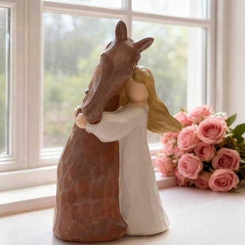 ASQzhuLIWing Mädchen umarmt Pferdeharzfigur, Pferdegeschenk für Mädchen und Damen, handbemalte Skulptur, Pferdegeschenk, Damen- und Freundschaftsfigur, Geburtstagsgeschenk, Wohnkultur