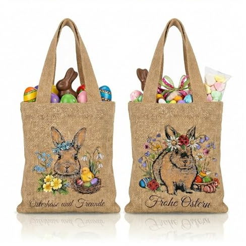 MEIJINMEIYU 2 Stück Osterkörbchen aus Jute mit Henkel – Oster Hasen Taschen zum Befüllen, Wiederverwendbare Osternester für Kinder & Erwachsene, Ostergeschenke & Oster Basteln Kinder