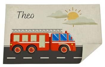 Bärenfreunde Kinder Platzdeckchen personalisiert, Platzset, abwaschbare Tischuntersetzer, Platzdecke Stoff Baby, Untersetzer mit Design lustig und Namen (Feuerwehr)