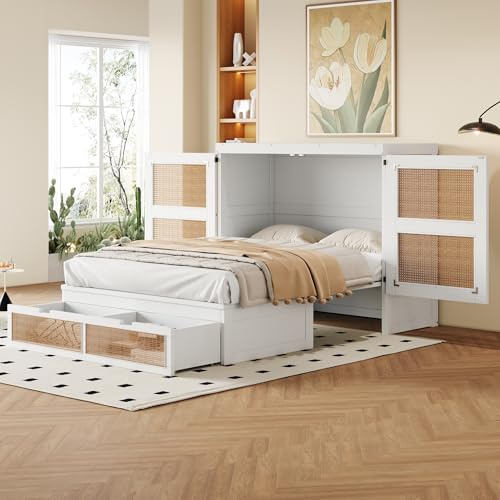 Goldicoo Schrankbett 140x200 cm, Wandklappbett vertikal mit Lattenrost, Weiß, Holz, Rattan-Design, mit Stauraumschubladen, platzsparend, 202x145.5x126 cm
