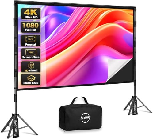 LEORFI Pantalla Proyector 120 Pulgadas con Trípode Portátil, Fondo Negro | Fondo negro para mayor contraste, soporte de tubo cuadrado antideslizante, bolsa de transporte, cine interior/exterior