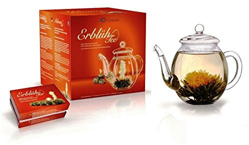 ErblühTee Geschenkset Weißer Tee - Glaskanne und Schachtel mit 6 Variationen ErblühTee-Kugeln à 7 g, weißer Tee Silver Needle (Scented), im Geschenkkarton