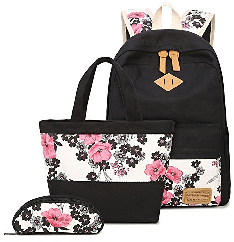 Neuleben 3 Set Schulrucksack & Handtasche & Federmäppchen Blumenmuster Damen Mädchen (Schwarz)