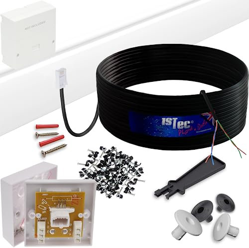 1STec 30m DIY BT Openreach Phone/ADSL Fibre Broadband Kit with Solid Core Twisted Pair Cable + Plug + 2/3a Surface Mount Wall Box + Grommets + Clips + Screws + Instructions (30 Metre, Black)