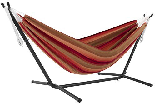 Vivere Doppel-Baumwoll-Hängematte mit platzsparendem Stahlständer, verbesserte Polyester-Endschnüre, 204 kg Kapazität, Premium-Tragetasche im Lieferumfang enthalten – (Sonnenuntergang)