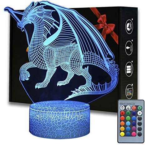 3D optische Täuschung Drachen Nachtlichter, Drachen Tischlampe mit Fernbedienung, Kinderzimmer Dekoration Lampe, Schlaflichter, kreative Geschenke für Kinder Geburtstag Weihnachten