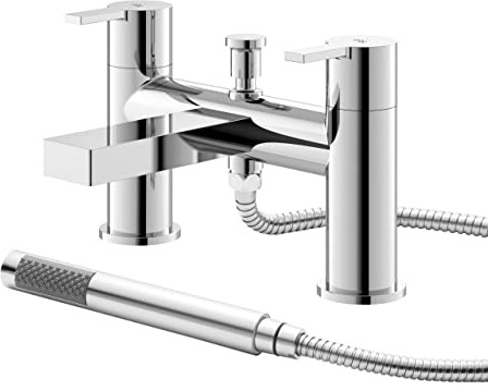 Hudson Reed WIL304 Willow ǀ Modern Bathroom Round Deck Mounted Double Handle Bath Mixer with Shower Kit and Wall Bracket, 141mm x 230mm, Chrome