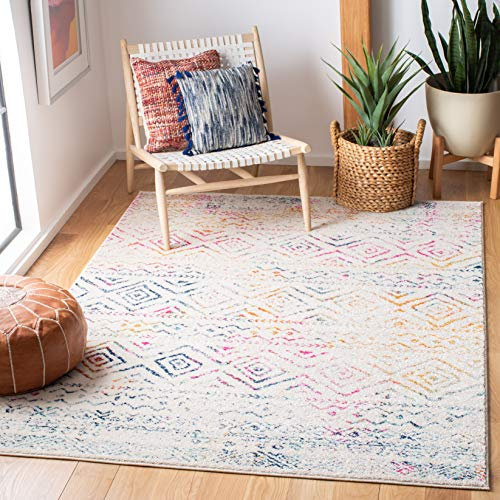 SAFAVIEH Boho Teppich für Wohnzimmer, Esszimmer, Schlafzimmer - Tulum Collection, Kurzer Flor, Elfenbein und Fuchsia, 160 X 229 cm