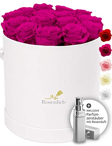 Rosenlieb Rosenbox mit 18 Infinity Rosen (3 Jahre haltbar) | Handgefertigtes Unikat aus Deutschland | Flowerbox Inklusive Grußkarte | Echte ewige konservierte Rose (Medi Bellissima Weiß, Pink)
