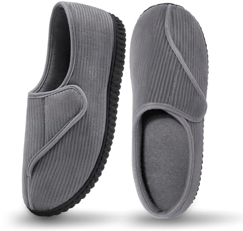 Git-up Diabetic Slippers Shoes for Men Arthritis Edema Adjustable Closure Toe Swollen Feet Slippers Memory Foam Comfy Bedroom House Indoor Outdoor Shoes, Gray UK/7