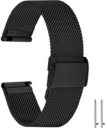 Aliwisdom bracelet de Montre 20mm pour Montre connectée, Smartwatch universelle Métal Acier Maille Bracelets de rechange de à libération Rapide pour Homme Femme (Noir, 20mm)