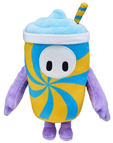 Fall Guys- Peluche douce Deluxe 20 cm officielle avec Bean Skin Slurpie jeu vidéo Ultimate Knockout, avec gobelet de granité bleu et jaune et paille-5 personnages de la saison 1 à collectionner, 62593