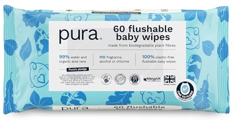 Pura Spülbare Öko-Baby-Feuchttücher für Empfindliche Babyhaut, 70 Tücher (1 Packung), 99% Wasser, 100% Plastikfrei, für Sensible, zu Ekzemen neigende Haut, Neugeborene, Biologisch Abbaubar, Vegan