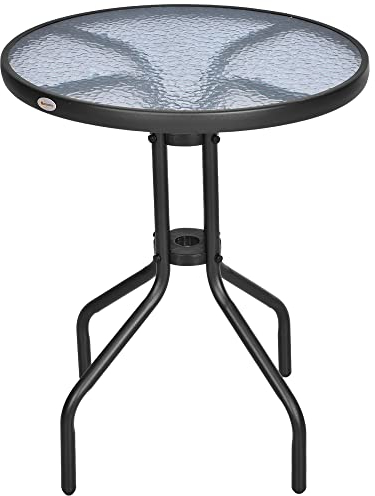 Outsunny Mesa de Jardín Redonda con Encimera de Vidrio Templado Decorativa y Marco de Metal para Patio Terraza Balcón Comedor Ø60x70 cm Negro