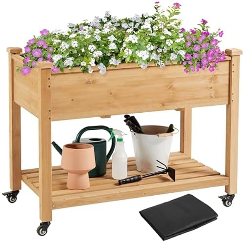 Yaheetech Fioriera/Aiuola Rialzata da Esterno Balcone Orto Letto Rialzato da Giardino per Piante in Legno Abete con Ruote Ripiano 105,5 x 56,5 x 83,5 cm