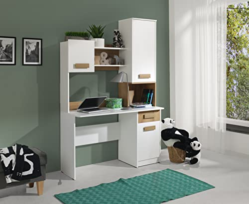 Marmex Meble - Schreibtisch mit Schublade und Schrank - Schreibtisch für das Kinderzimmer, Jugendzimmer - 125x195x52,5, Weiß + Riviera Eiche