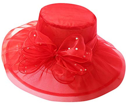 KUKICAT Woman Chapeau-0327 Femme Capeline Pliable Tulle Chapeau de Soleil Plage Large Bord Anti-UV Casquette Visière Voyage Camping Cérémonie Église Derby Fête Mariage, Rouge, Taille unique