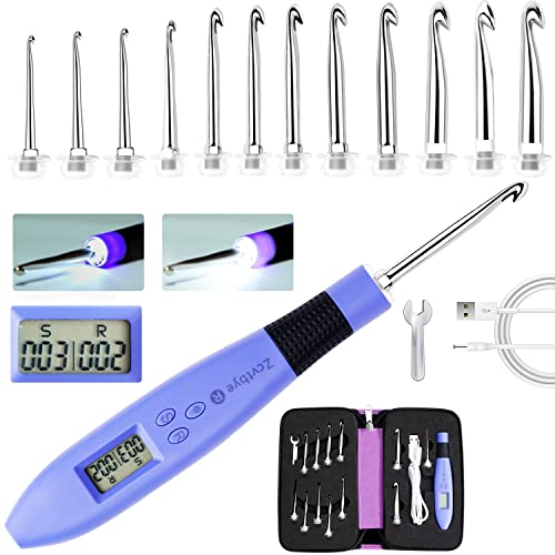 Zcvtbye 12 Größen beleuchtetes Häkelnadel-Set, ergonomisches Zähl-Häkelnadel-Set, Häkelnadeln mit Häkelnadelzähler, leuchtende Häkelnadeln für Stich- und Reihenzähler, Häkelzähler mit Etui