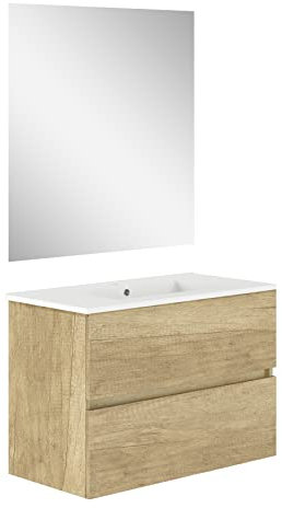 Baikal, Conjunto de baño Natura. Mueble de Baño de Fondo Reducido, con Lavabo cerámico. Distribución Dos Cajones. Mueble MONTADO. Dos Cajones con Espejo. Fondo 39cm 80 cm Nature