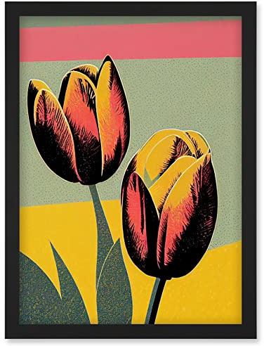 Wee Blue Coo Bright Modern Silkscreen Tulip Blooms Stencil Dusky Pink Sage Green Mustard Yellow Artwork Framed Wall Art Print A4