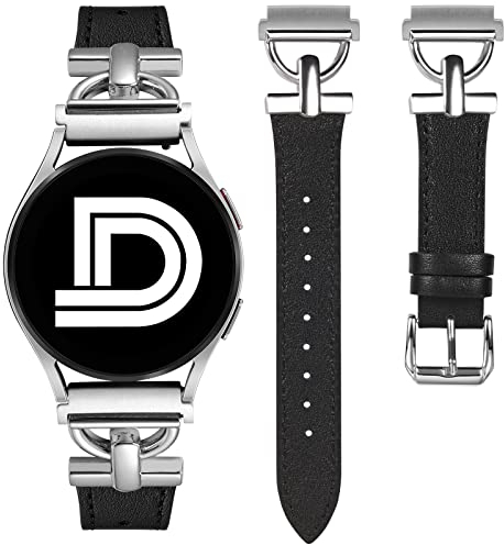 Wearlizer Lederarmband Kompatibel mit Samsung Galaxy Watch 7/6/4/5 Active 2 40mm 44mm/Watch 5 Pro 45mm/Watch 4 Classic Damen,20mm Elegant Armbänder für Watch 6 Classic/Watch FE 40mm, Schwarz/Silber