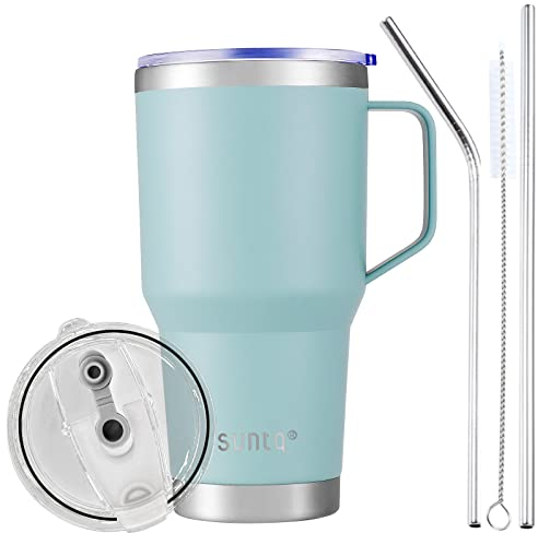 SUNTQ 30oz 850ml Tumbler mit Griff - Wiederverwendbare Reise Kaffee Tasse mit Stroh, Deckel - Doppelwandige Vakuum Isolierte Kaffeetasse - Thermische Tasse aus Edelstahl (Hellblau)