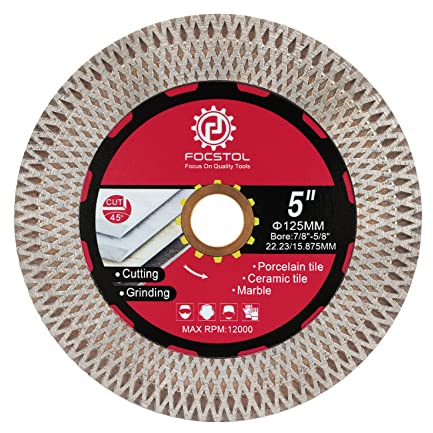 FOCSTOL Disque Diamant Carrelage - 125mm x 22,23mm Double Face Coupe Meulage Lame Scie Diamant pour Porcelaine Céramique Marbre Granit Artificielle Pierre avec X Mesh Jante