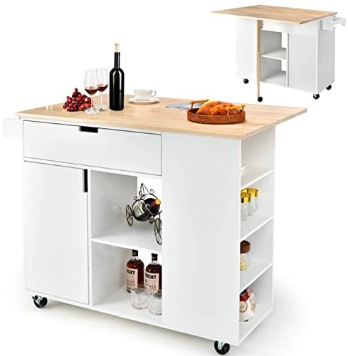 COSTWAY Drop-Leaf Kitchen Island on 5 Wheels, Rolling Serving Trolley Cart with Rubber Wood Top, 4 Side Cubbies, Drawer & Adjustable Shelf Cabinet, Dining Room Organiser Sideboard, 124x76x92cm (White)