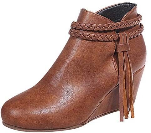 Retro Frauen Quassen-Keils Reißverschluss solide Kurze Booties Runde Zehen Schuhe Knobelbecher