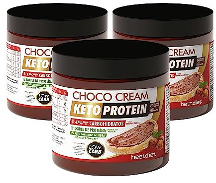 BEST DIET Keto Protein - Crema de Chocolate Sin Azucar para Untar Vegana con Avellanas, Sin Aceite de Palma, Baja en Grasa y Carbohidratos, Sin Edulcorantes, Sin Gluten. Pack de 3 botes con 200g