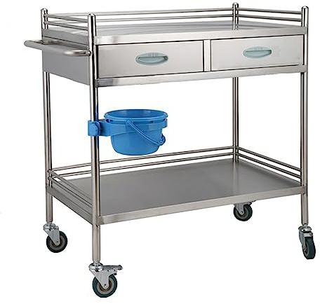 Edelstahl-Rollwagen für Labor, medizinische Ausrüstung, 2-stöckig, Labor, medizinischer Wagen mit Schublade für Labor, Krankenhaus, Kliniken – maximale Belastung 100 kg