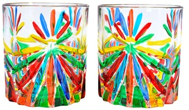 Italian Crystal Tumblers, Set of 2, 10 oz Glasses, Starburst Design, Glass Cups for Drinking Bourbon, Scotch, Cocktails, Iced Tea, Juice, Cognac, Home Bar Whiskey Gifts, Made in Italy