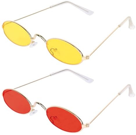 Jiusely 2 Pairs Retro Hippie glasses, Vintage Party Glasses, Coloured lenses & Metal frame, Vintage era style photo props, Yellow & Red