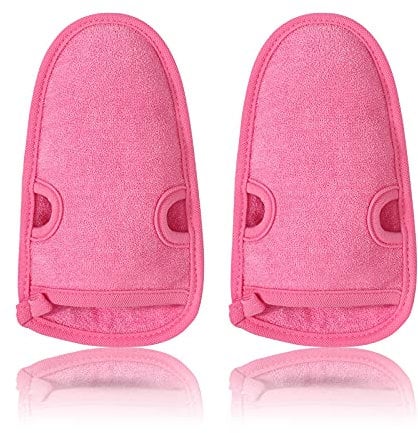PHOGARY 2pcs Deep Cleansing Exfoliating Mitt Pink Exfoliating Glove, Body Scrub Dead Skin Cell Fake Tan Remover Bath Shower Gloves