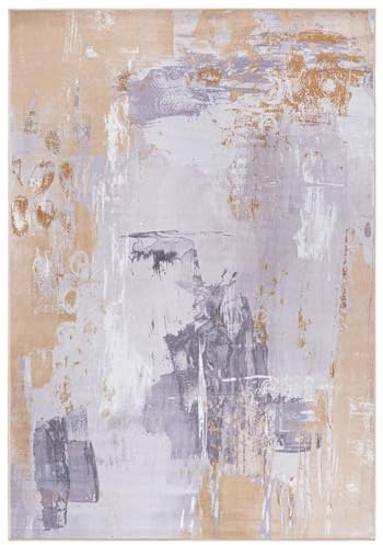Mazovia Modern Teppich - Abstraktes Vintage Designer Teppich - Waschbar rutschfest Kurzflor - Weich Teppich für Wohnzimmer - Fußbodenheizung geeignet - Beige Grau 140 x 200 cm