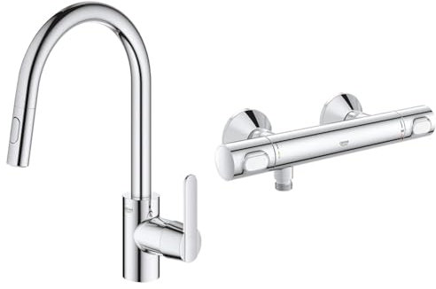 GROHE Get - Kitchen Sink Pull-Out Mixer Tap (2 Spray Options, High Spout, 360° Swivel Range & Precision Flow - Wall Mounted Thermostatic Shower Mixer
