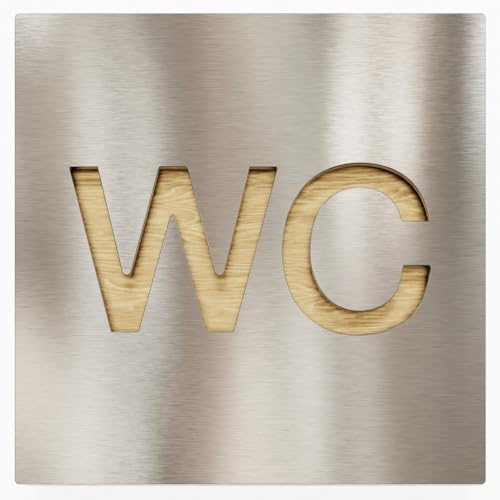 Edelstahl WC-Schild mit Holz - selbstklebend & pflegeleicht - Design Toiletten-Schild W-01-E-HE