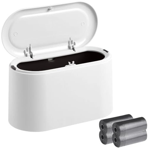 KUIZHEN Desk Trash Bin with Lid and 4 Rolls of Bags - Portable Mini Trash Can for Room, Kitchen, Bedroom, Bathroom, Office - White
