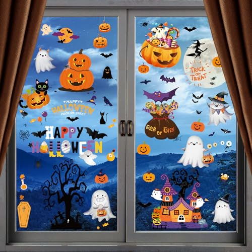 Xyxu Halloween Window Stickers - 9 Sheets Cute Bat Witch Ghost Spider Pumpkin Stickers for Window Decal Party Decorations