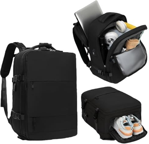 Mi Ko Mi Ka Mochila de Viaje Grande: Resistente al Agua, con Compartimento para Zapatos Separado, Puerto de Carga USB y Diseño Multifuncional Antirrobo. 2210 (Negro)