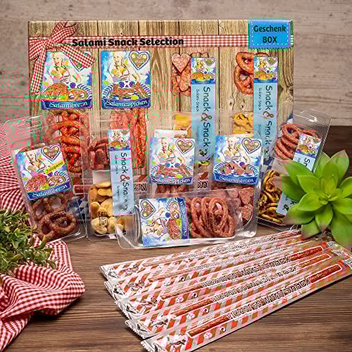 WURSTBARON® Snack Geschenkbox mit Salami Herzen, mit 7 besonders leckeren Snacks aus Salami und Knabberzeugs, Wurst nach Krakauer Art, bayerische Qualität, 390g